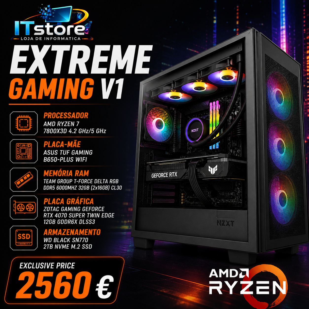 PC Gaming Ryzen 7 7800X3D RTX 4070 SUPER 32GB DDR5 2TB SSD [EXTREME GAMING V1]